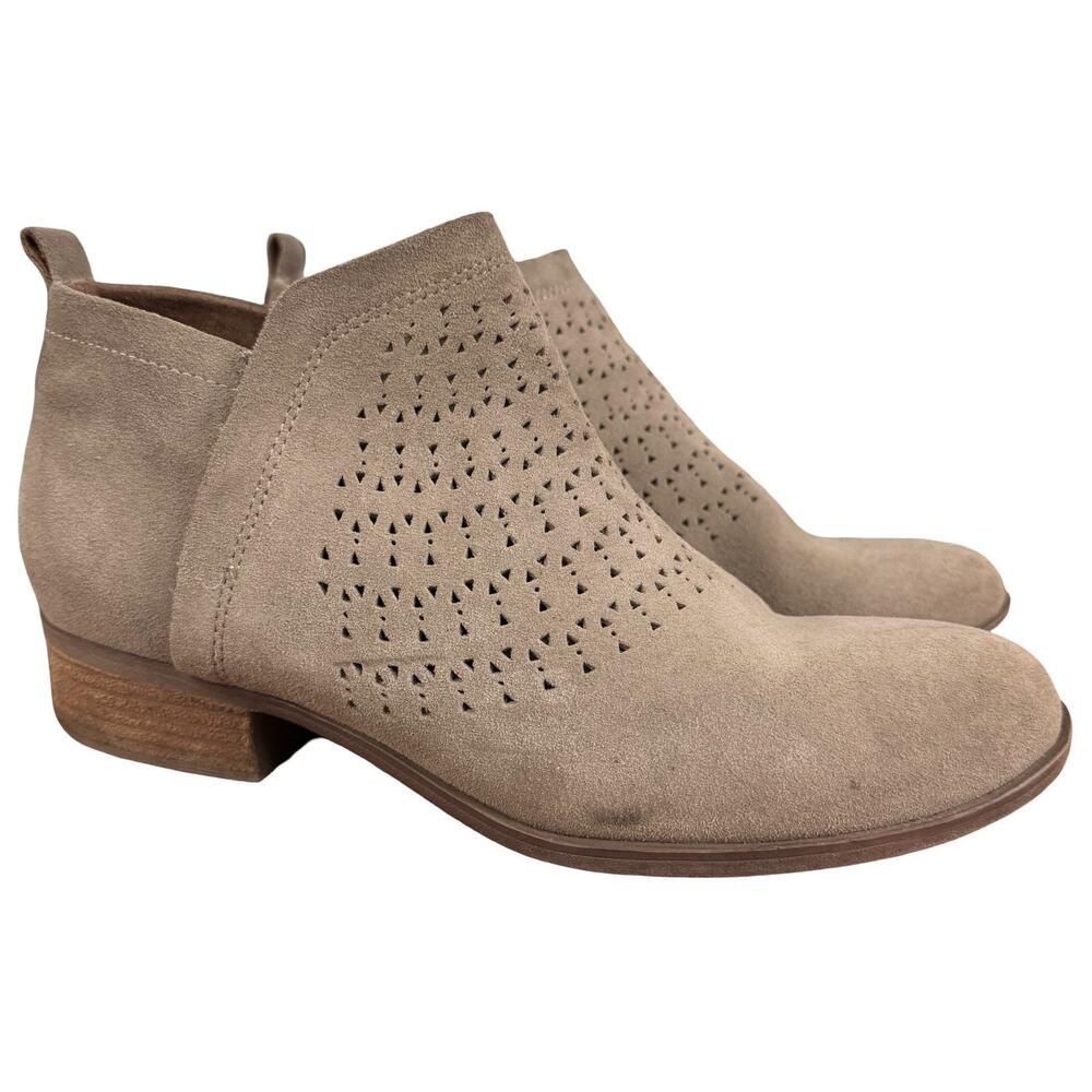 Toms Deia Ankle Boots Suede Perforated Block Heel Side Zip Booties Shoes sz 11